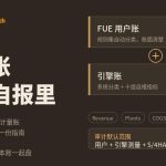 引擎账封面,深咖底铜金强调,右侧 FUE 用户账与引擎账双卡对照,下挂 Revenue、COGS 等自我声明指标词条